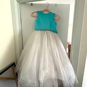 Girls size 8 elegant dress. Teal form David’s Bridal with rhinestone belt.